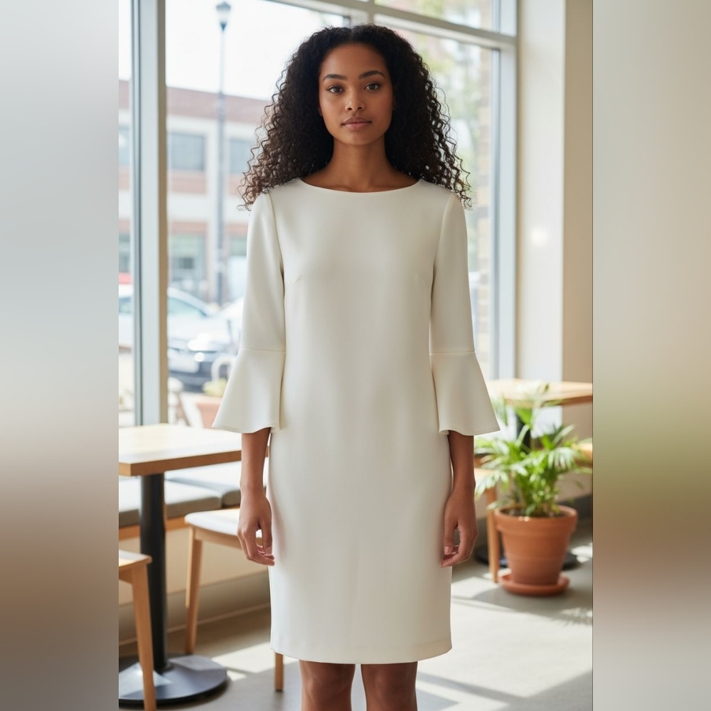 Calvin Klein Cream Bell Sleeve Sheath Dress Sz 4 Small